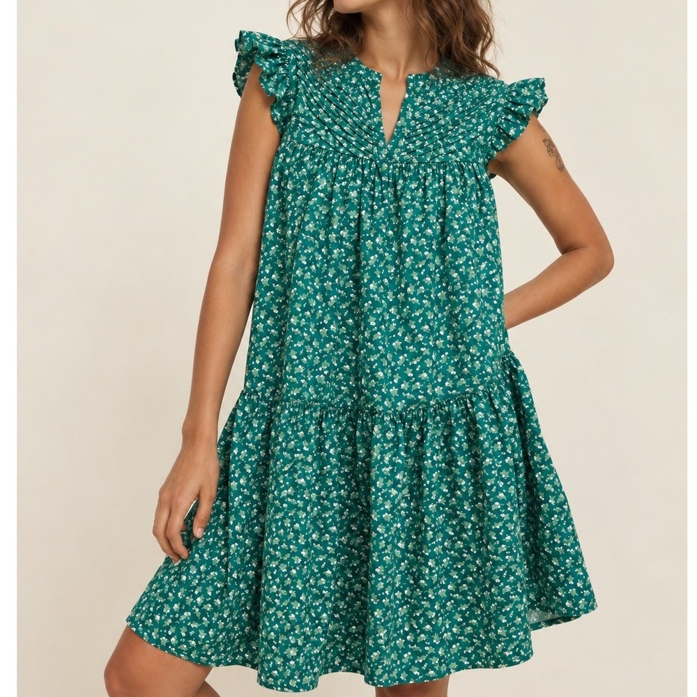 Nation LTD Dress Small Emerald Floral Pima Cotton Boho Cottagecore Resort Wear